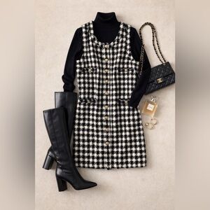 Reformation Tropez Tweed Mini Dress Vest Black White Chanel Style Size 10